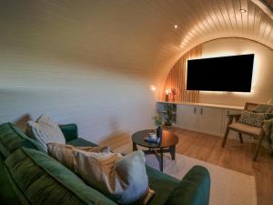 a living room with a couch and a flat screen tv at Tan y Wawr- Onnen in Welshpool