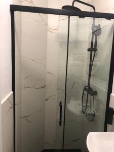 a shower with a glass door and a sink at Apartament Frezja in Gryfów Śląski