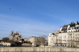 a view of a city with buildings and a river at Île SAINT LOUIS, NOTRE DAME, suite 1 chambre 2 à 4p in Paris
