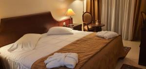 una habitación de hotel con una cama grande con toallas. en Hotel Apollonia, en Delfos