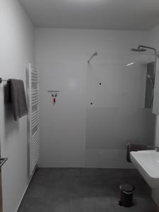 a white bathroom with a sink and a mirror at Apartment Kristall Real in Bad Radkersburg