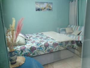 ein blaues Zimmer mit einem Bett und einem Sofa in der Unterkunft Sweet metykaz in Le Tampon