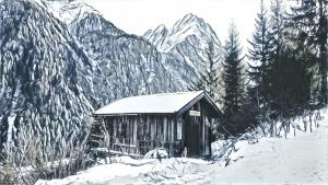 eine Zeichnung einer Hütte im Schnee in der Unterkunft Landhaus St. Hubertus in Kaunertal