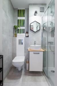 a bathroom with a toilet and a sink and a shower at Comfy place in the heart of Warsaw. Biz&Travel. in Warsaw