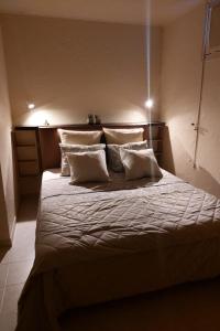 1 dormitorio con 1 cama grande con almohadas blancas en La Cave de Pérès, en Ayguetinte