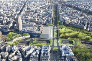 une vue aérienne sur une ville avec un grand bâtiment dans l'établissement Porte MAILLOT, CHAMPS ÉLYSÉES, TRIOMPHE, suite 3 chambres 8P, à Paris