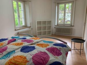 a bedroom with two beds and two windows at Revier schlicht und bahnsinnig in Mitlödi