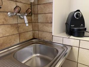 eine Spüle mit einem Wasserhahn und einem Toaster in der Unterkunft Revier Grosi's Art in Netstal