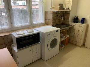eine Küche mit einer Waschmaschine und einem Waschbecken in der Unterkunft Revier Grosi's Art in Netstal