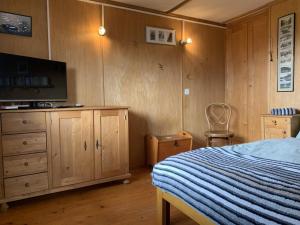 een slaapkamer met een bed en een flatscreen-tv bij Revier Silberdistel im Schwettiberg in Braunwald