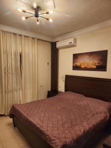 a bedroom with a bed and a ceiling fan at Shafa Badran apt in Amman