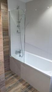 a bathroom with a shower with a glass wall at Opulent 4 bed house with parking in Manchester