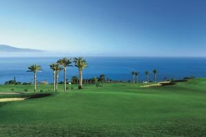 een golfbaan met palmbomen en de oceaan bij Casa Bellavista - Pueblo Don Thomas in Playa de Santiago