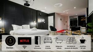 um quarto de hotel com uma cama, uma mesa e cadeiras em NG SuiteHome - Lille I Roubaix Centre I Grand Place - Balnéo - Netflix - Wifi em Roubaix