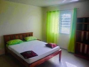 a bed in a room with a window with green curtains at La Maison Hebridaise in Luganville