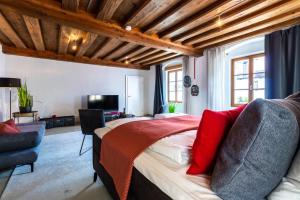 1 dormitorio con 1 cama grande con almohadas rojas en BARONHAUS Aparthotel & Suites, en Passau