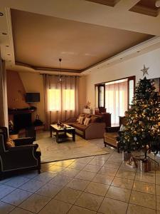 a living room with a christmas tree in it at Cozy Apartment in Volos