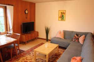 sala de estar con sofá azul y TV en Chalet Schwendihus - CharmingStay en Flumserberg
