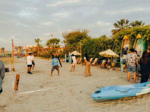 un grupo de personas jugando voleibol en una playa en Viajero-Kokopelli Paracas Hostel, en Paracas