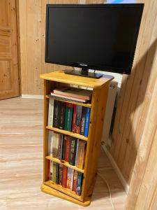 a television on a tv stand with books at Ferienwohnung Kurzentrum in Bad Lausick