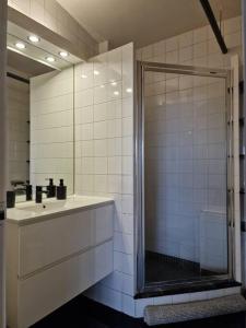 W łazience znajduje się prysznic i umywalka. w obiekcie Stunning View + Japan Design Bed @ Central Station w Antwerpii
