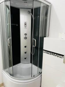 um chuveiro com uma porta de vidro na casa de banho em Piławski Dwór em Piława