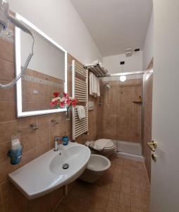 La salle de bains est pourvue d'un lavabo, de toilettes et d'une douche. dans l'établissement Hotel Charly, à Milan