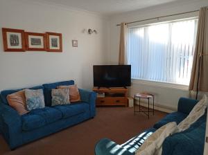 a living room with a blue couch and a television at Sutton Court in Thirsk