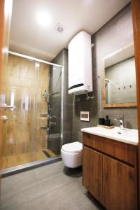 uma casa de banho com um WC, um chuveiro e um lavatório. em UrbanKop Vidik Residence em Kopaonik