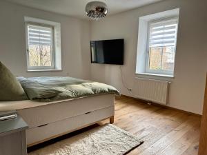 a bedroom with a bed and a flat screen tv at Stilvoll renovierte Wohnung in Lienz