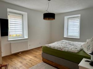 a bedroom with a bed and two windows at Stilvoll renovierte Wohnung in Lienz