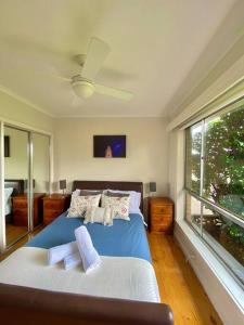 1 dormitorio con 1 cama azul y ventilador de techo en Saltwater Haven - Pets Welcome. Wifi. Amazing View, en Apollo Bay
