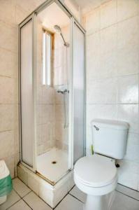 a bathroom with a shower and a toilet in it at Casa Altavista in Valparaíso