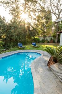 uma piscina com duas cadeiras num quintal em Vanilla Guesthouse em Joanesburgo