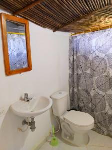 a bathroom with a sink and a toilet and a mirror at Casa Magica in Minca