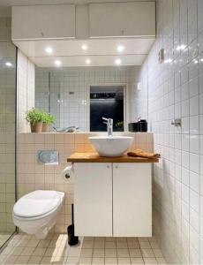 a bathroom with a sink and a toilet at Downtown Elegance in Oslo