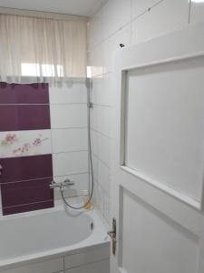 baño con ducha y bañera y ventana en Apartman Petra en Leskovac
