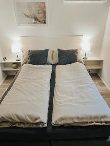 科布倫茨的住宿－Ferienhaus Ufergeheimnis - Am Gülser Moselbogen 20，一张床上有两个枕头的房间