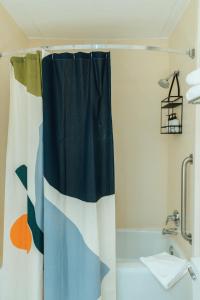 baño con cortina de ducha y bañera en Hotel Downstreet en North Adams
