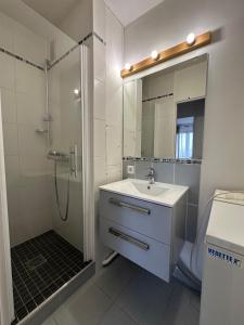 a bathroom with a sink and a shower with a mirror at Les temps heureux 15' Paris 10' du Stade de France in Saint-Denis