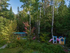 a yard with childrens play equipment in the woods at La Romane Val-david Spa & Pool in Val-David