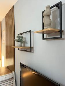 two shelves on a wall with a mirror at Cozy Boutique Apartment in Plovdiv in Plovdiv