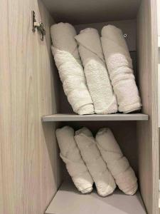 kilka rolek ręczników w szafie w obiekcie Apartment near Como and Milan with private garage w mieście Mozzate