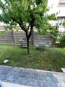 a picnic table and a tree in a yard at Apartment near Como and Milan with private garage in Mozzate