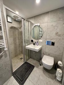 een badkamer met een douche, een wastafel en een toilet bij Albatross Loft in Ķesterciems