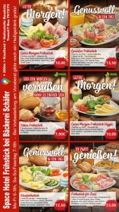 un folleto para un restaurante con diferentes tipos de comida en Space Hotel im Campus der JvP Schule, en Leipzig