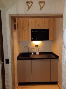 a kitchen with a sink and a counter with hearts on the wall at Fradusta 213 in San Martino di Castrozza