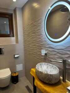 a bathroom with a stone sink and a mirror at Krisiya's Apartment in Bansko +34 photos