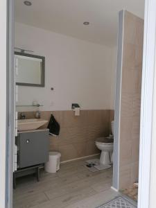 a bathroom with a sink and a toilet and a mirror at Chez Mado in Thénac