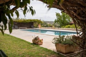 uma piscina num quintal com dois vasos de plantas em Cottage sul lago - Officina Didattica em Donnalucata